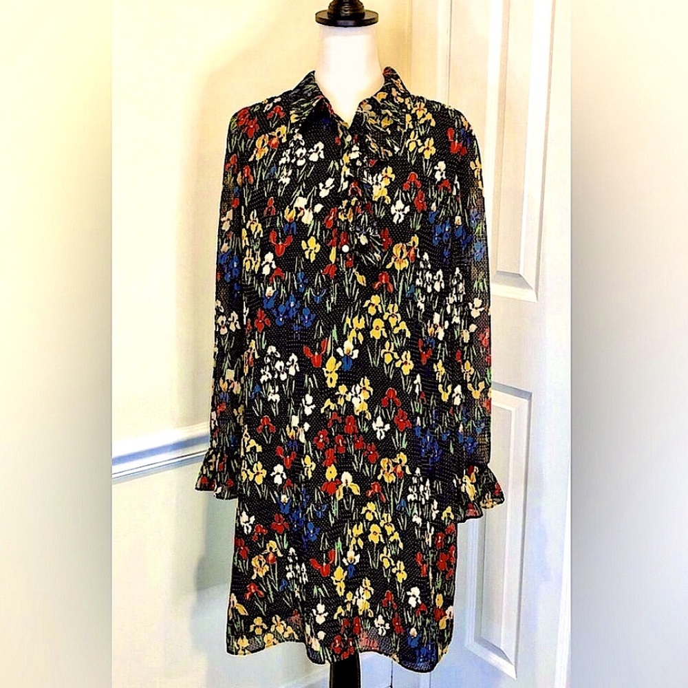 TORY BURCH Navy Blue Polka Dot Dress w Multicolor Irises & Pearlized Buttons